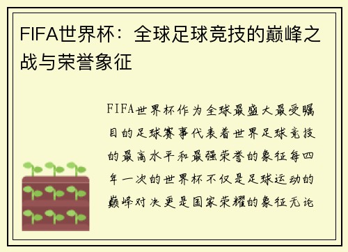 FIFA世界杯：全球足球竞技的巅峰之战与荣誉象征