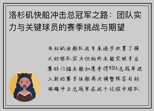 洛杉矶快船冲击总冠军之路：团队实力与关键球员的赛季挑战与期望
