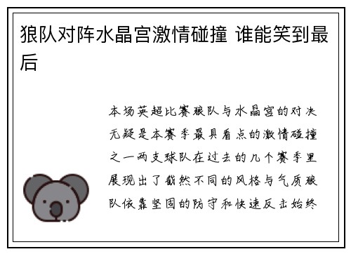 狼队对阵水晶宫激情碰撞 谁能笑到最后